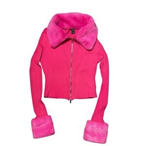 Y2K Small Faux Fur Collar Wrist Hot Pink Crop Zip Barbiecore Stretch Sweater
